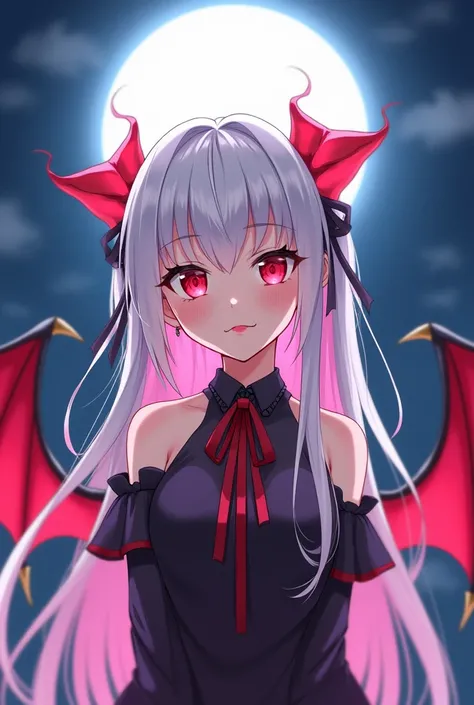  Sweet anime vampire girl who is 30 years old has white and pink long hair and red eyes has red wings and little vampire teeth. She also has small red wings on her head . She looks at the camera in love and sticks her tongue down her chin in love . She is ...