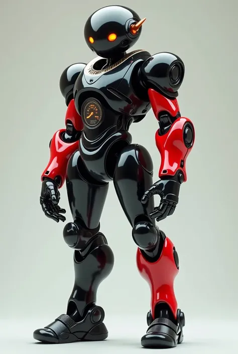 A digital robot has a rounded black head with glowing eyes, one arm that is red, one arm that is red, the other that is black, the fuel agenda on the middle of his belly, black legs is a very powerful side is he a dangerous fighter with one side that is ha...