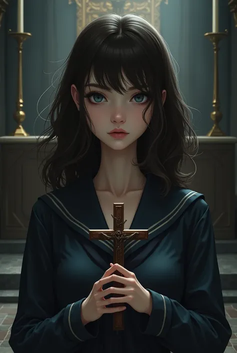  A young woman , very beautiful, wavy dark brown hair ,  blue eyes ,  dressed in a schoolgirls uniform ,  with a mysterious look holding a crucifix .  Dark background of a Catholic church altar. 