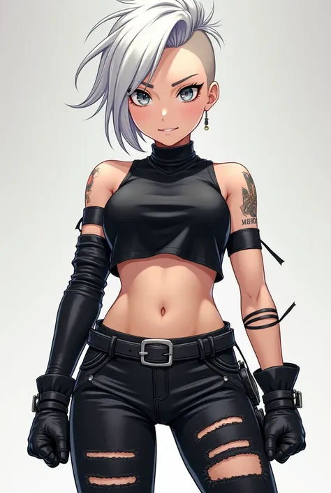 The image depicts a Anime female character.grey eyes . She has a stark white hairstyle with a side-shaved cut, and her hair falls asymmetrically over one side of her head. Her attire is predominantly black and edgy, consisting of a cropped vest with ripped...