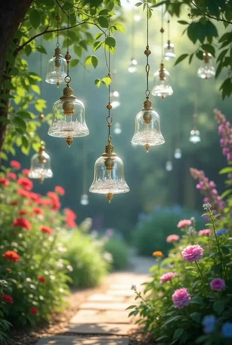 Glass bells in motion, in the garden