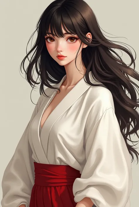 A beautiful woman with long black hair with bangs of brown eyes and thin lips wears a white kimono under red pants 