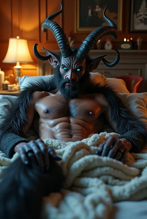 Sexy krampus man lying in bed. Anthro, almost human looking. Very hairy. Horns, blue eyes, muscular and handsome. Erotic Christmas Special.