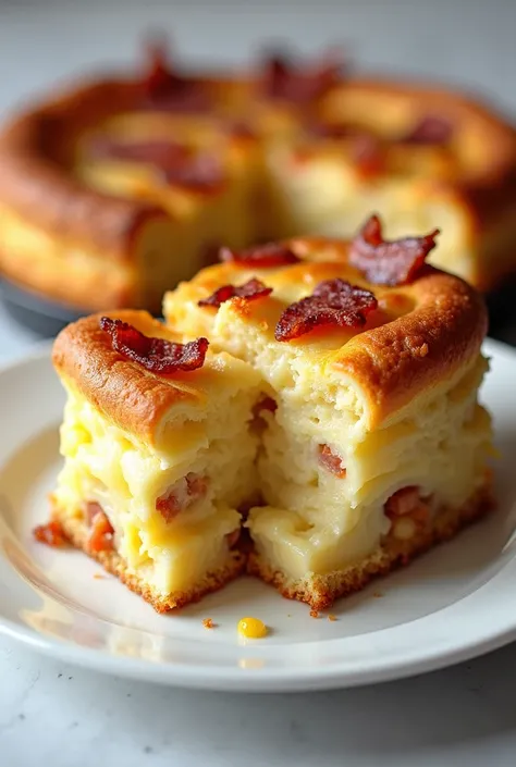 Souffle of potato au gratin with cheese and bacon cut into rectangles 