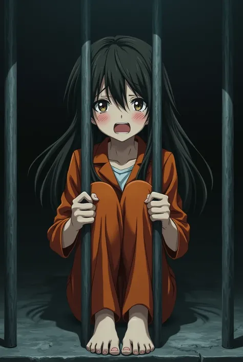 Barefoot anime girl in an orange suit cries and grabs the bars of her cell
