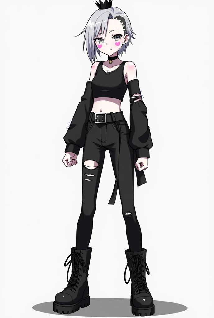 The image depicts a Anime girl slim character white skin.two pink heart in face.grey eyes . She has a stark white hairstyle with a side-shaved cut, and her hair falls asymmetrically over one side of her head. Her attire is predominantly black and edgy, con...