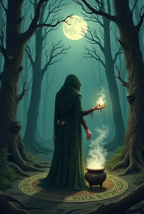 scenario:  A mysterious forest at night ,  with tall, twisted trees .  There is a soft mist rising from the ground ,  giving a sense of mysticism .  The sky is clear with a full moon shining softly ,  creating a contrast with the shadows of the forest .  I...