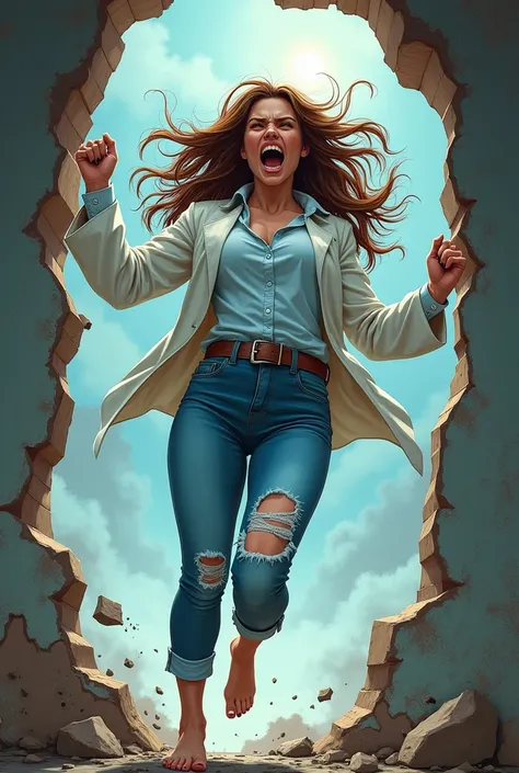 Dynamic realistic comic-style art image of a wild female scientist , fierce and very muscular , Dr..  Jennifer Marie Evans ,  with long brown hair flowing wildly , honey colored eyes, white skin and black nails ,  has nothing on her arms, She is muscular. ...