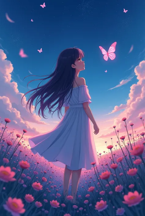 Anime girl with Haori as a butterfly in a flower field, An anime drawing inspired by Yuki Ogura., pixiv, magical realism, Night,  anime moe art style , anime style like fate / spending the night , Misato Katsuragi, anime cover, Anime image, Young anime gir...