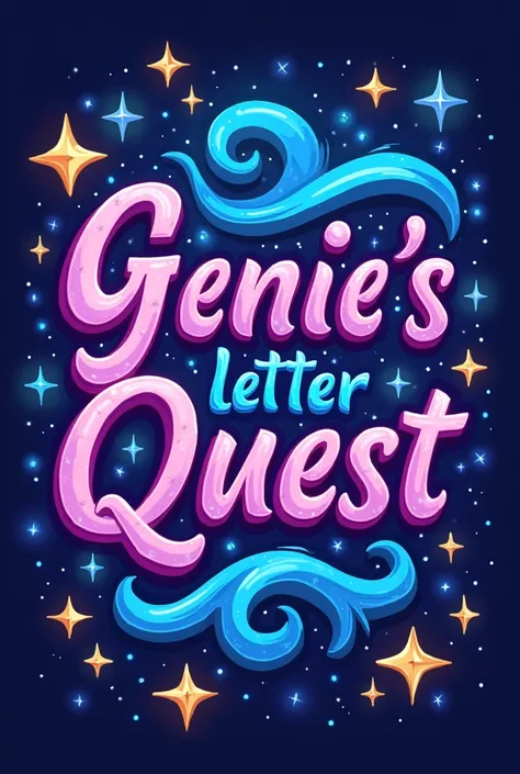 Genie’s Magical letter Quest is displayed nearby in bright mix(blue,purple and pink), colorful cartoon letters with a whimsical style, making the design inviting and fun. IThe whole name should be n a single line Only the name no character or background