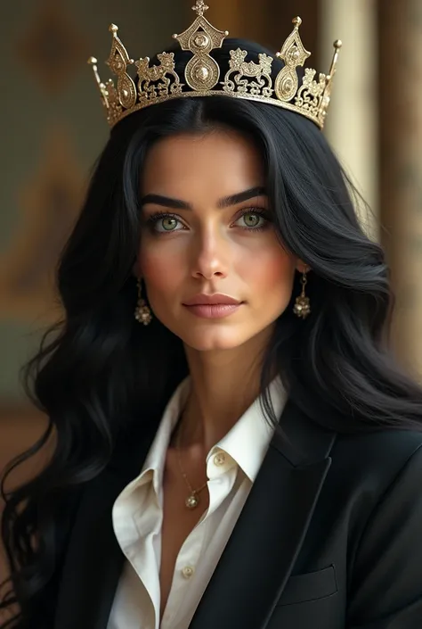  princess with a degree in economics with black hair, The green eyes and the crown on her head 