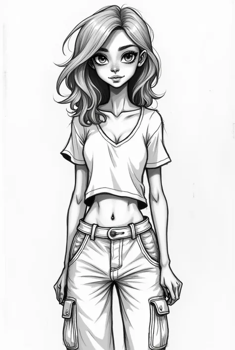 sketch of a skinny girl with wavy hair, big eyes, wide nose and thin lips. Grunge outfit with cargo pants. Jawline not too sharp. Big wide nose. 