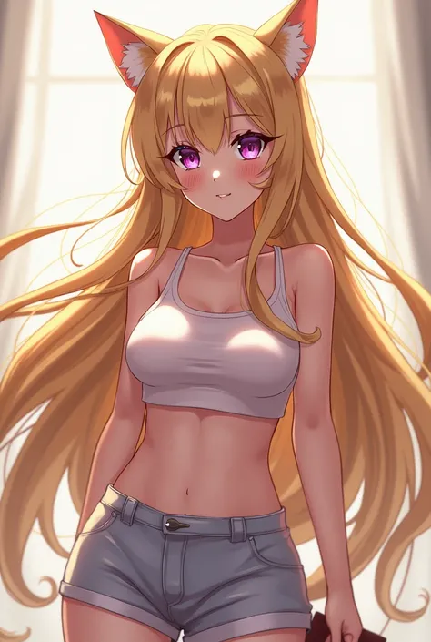 1 weman Long Hair, Anime, Anime Style, Blonde Hair, Long Hair, Bangs, Breasts, kitsunes, Teeth, Fang, crop shirt and shorts , Purple Eyes 