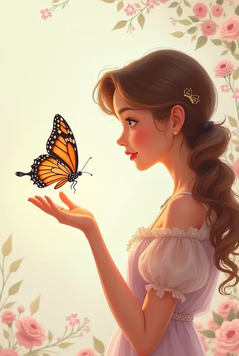 Woman with butterfly, the butterfly is landing on her finger, drawing 2D Disney princess style, front view