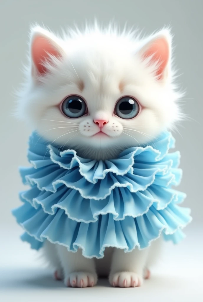 A cute realistic white fluffy kitten is wearing clothes with lots of blue frills。