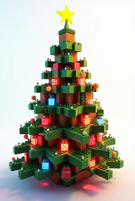 A very colorful and majestic Minecraft-style Christmas tree, meticulously crafted with cubic voxels, adorned with glowing pixel ornaments and shimmering block lights. Set against pristine white background, dramatic volumetric lighting creates soft shadows....