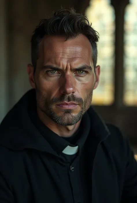  Realistic image of a very attractive man ,  green eyes, square chin, very strong,  very muscular, gloomy look, dressed as a priest ,  in dark clothes .  In the background the window of a Catholic church