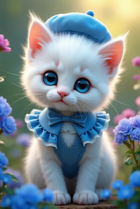 A cute realistic white fluffy kitten is wearing clothes with lots of blue frills。background flowers ,blue baret 