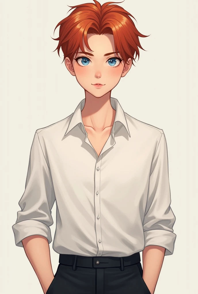 A cute boy who is handsome and tender at the same time blue eyes, red hair, a nose and a thin mouth wears a white blouse with black pants. 