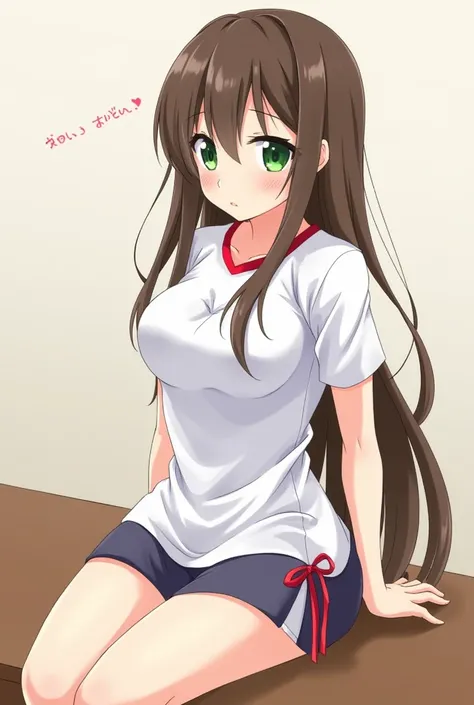 1girl, Long Hair, green eyes, anime girl, jordan clothes, Looking at viewer, Brown Hair, Simple background, , Anime, huge breasts, full body, huge ass, anime, blush, sitting on table, getting fucked