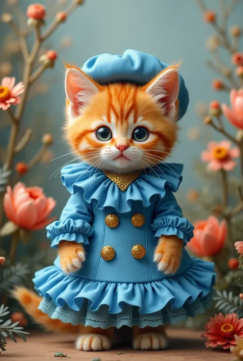 A cute realistic ginger fluffy kitten is wearing clothes with lots of blue frills。background flowers ,blue baret 