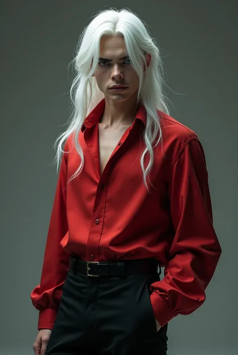 A handsome boy tall strong mermaids eyes black eyes long white hair under his ears wears a red blouse with black pants 