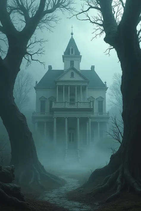 A cover with a white ,  mansion surrounded by fog and a creepy giant tree 