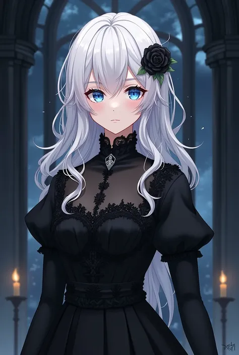 Anime style illustration

    Age: Early 20s.
    Height and Build: Taller than average, feminine but with a commanding presence.
    Hair: White hair styled elegantly, perhaps in loose waves or a refined half-up style, with a black rose tucked into it.
  ...