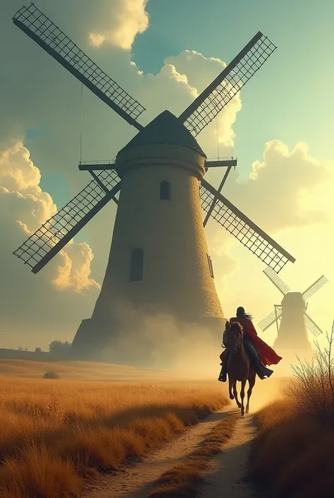 Don Quixote the windmill scene (The scene unfolds as a vivid and fantastical battlefield. Towering giants loom across the horizon, their massive forms casting long, ominous shadows over the plains. Their broad, rotating arms are weapons of destruction, swe...