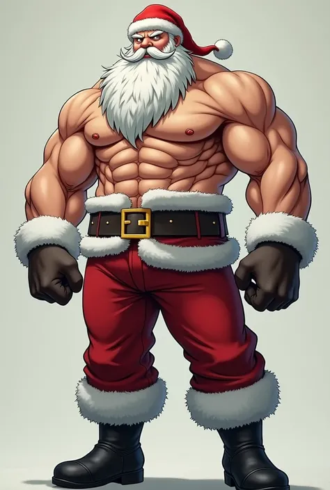 Create the realistic anime Santa Claus to climb muscular and tall with long white hair with a white beard and mustache with his butts and without a t-shirt but with red pants with a black boot