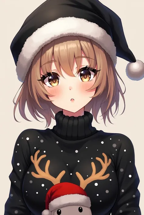 Girl with black Christmas hat short light brown hair slanted eyes thick lips medium nose long eyelashes with black Christmas sweater dark leather anime style