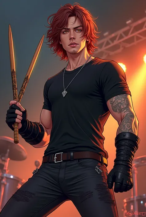 Finnian "Finn" MacRae (Realistic anime art).
Finnian "Finn" MacRae, Moons Dooms 27-year-old drummer, stands out for his energy and charisma on stage. Born in Fort William, Scotland, on November 3, 1997, Finn carries the essence of the Highlands in his magn...