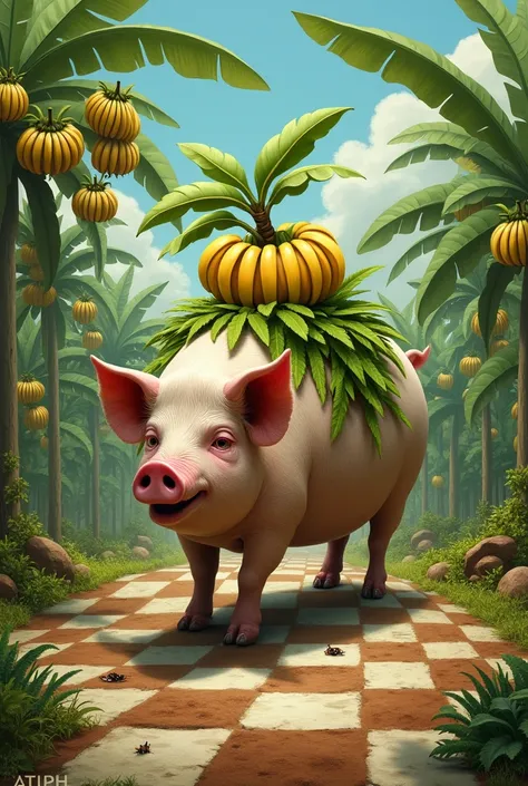  Create an image of a banana plant growing on the back of a pig with bunches of bananas. checkerboard scenario with lots of fruiting banana trees  