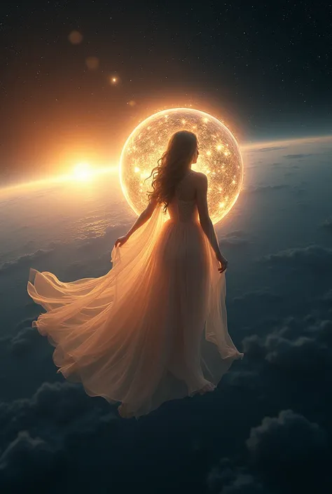 Stunning orbe in outer space, wearing dress,  beautiful earth in the background, sunrise, full body shot, 