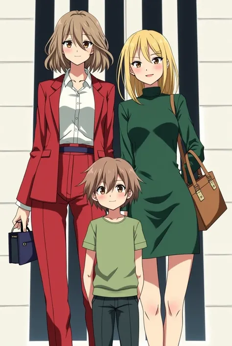 Small Anime boy with in a Black and white checkered shorts uniform with a black button up shirt with an anime girl in a solid red suit jack and red pants and another girl in a green suit jacket and grern pants