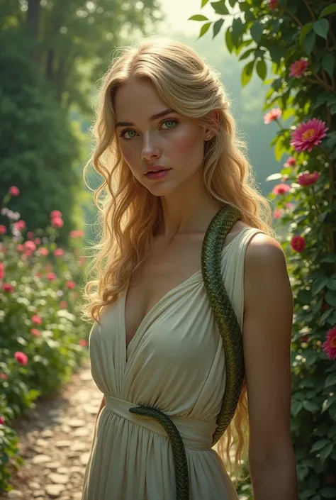  Eva beautiful biblical character curly blonde hair green eyes,In the garden with a snake on her side  