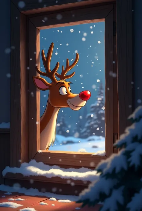 Rodolfo the reindeer from the cartoon looking stealthily through the middle at the small window outside of the living room snowing and me seeing it in the first person  