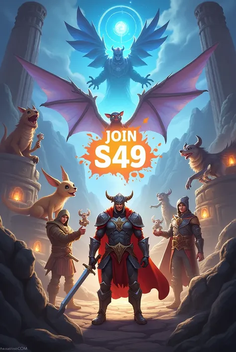 image inviting to “join us” on an adventure in a mobile strategy game. Include words “join s49” include elements of war and magic, include puppies and bigger dragons and more fun