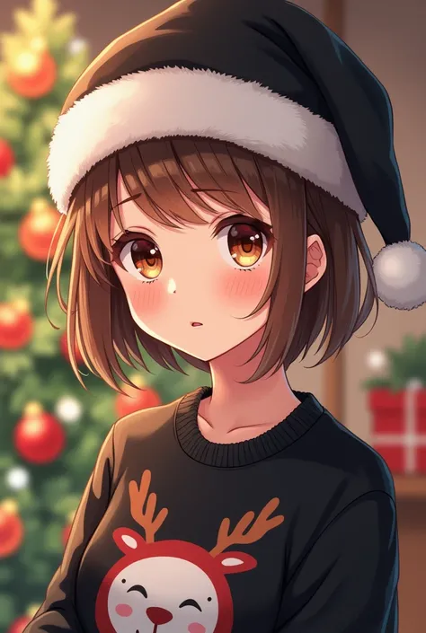 Girl wearing black Christmas hat short light brown hair,  almond eyes dark brown with long eyelashes straight eyebrows,  medium nose thick lips and black anime-style Christmas sweatshirt 