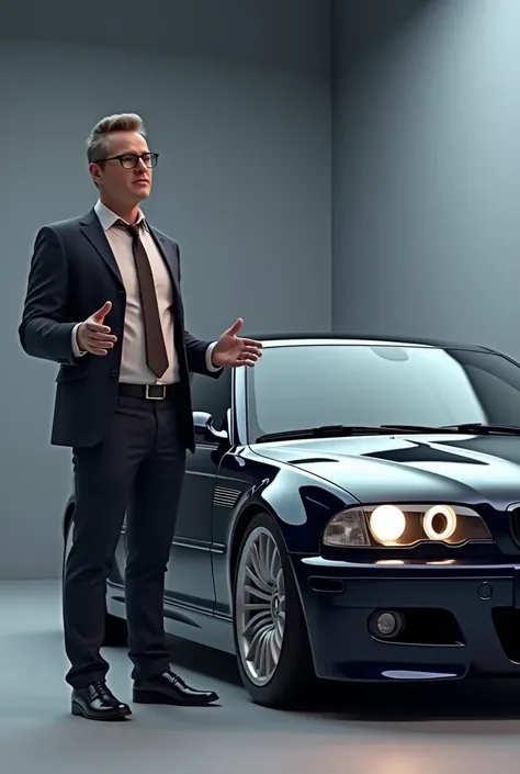 An authoritative guy stands near his gray BMW e 46 m3 full animated review 