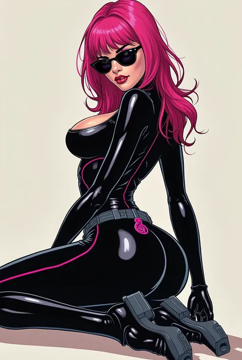 comic image,  female character , Russian, with dark pink hair ,  eyelids painted black ,  with a latex spy suit super tight to her body,  with a well-defined athletic body ,  with two guns on both legs ,  purple eyes ,  with a symbol on their belt with a m...