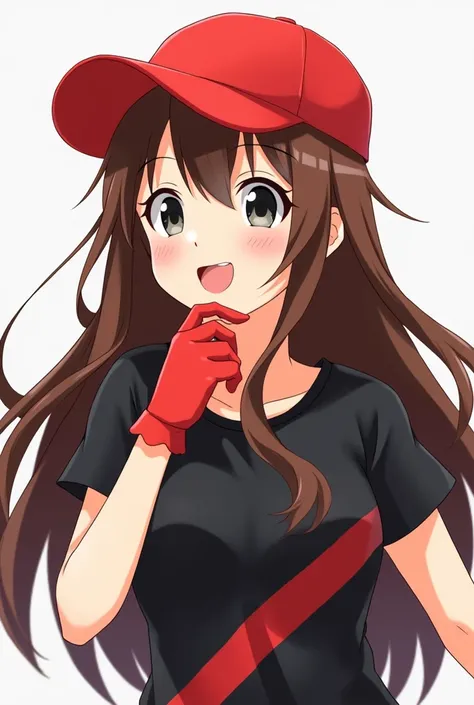 Female anime long brown hair red hat red gloves black t-shirt with red strips black eyes cheerful 