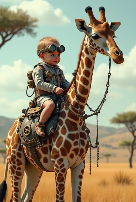  A steampunk baby in a necked giraffe decorated with chains and small bronze accessories. The setting is a golden savanna with acacia trees in the background and clear sky . High resolution,  High Definition, 4K, 8k, 16k, Enhanced