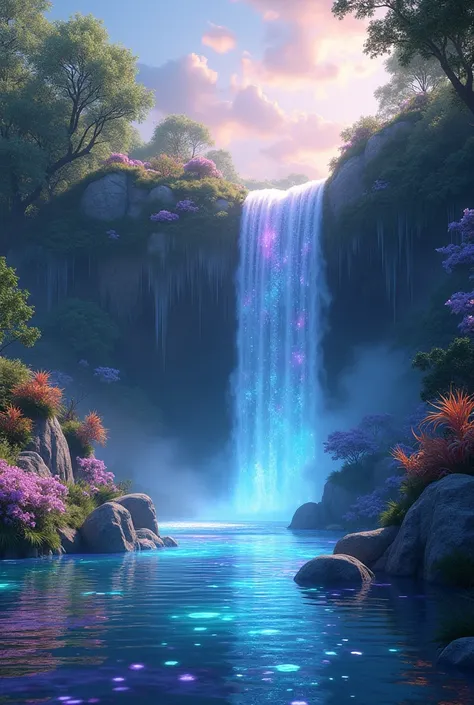 A serene and fantasy-inspired scene featuring a glowing waterfall cascading into a shimmering rainbow-colored lake. The atmosphere is tranquil and magical, with soft light reflecting off the water in iridescent hues. The surroundings are lush with greenery...