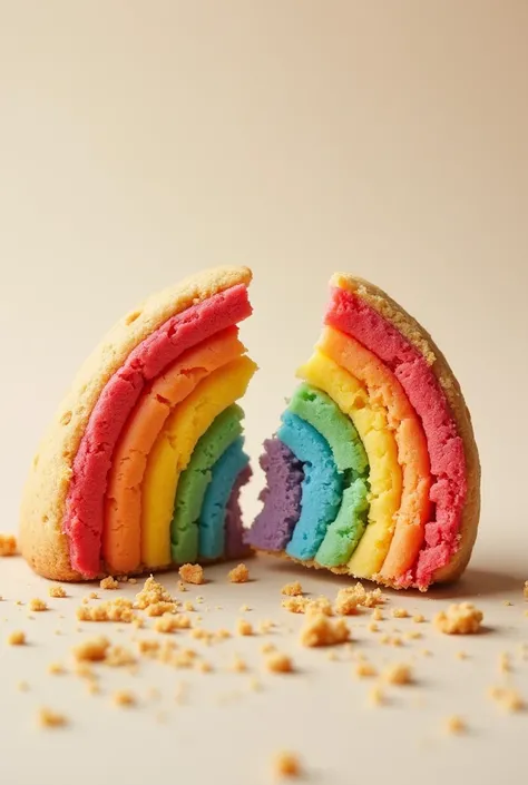  Make a rainbow-shaped cookie ,  make it realistic and the cookie must be broken in half, with some crumbs coming out