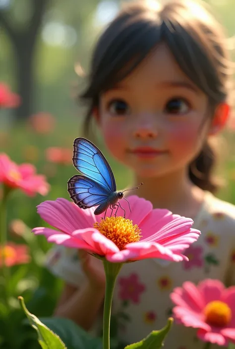 Depict a close-up of a pink flower in a garden with the blue butterfly delicately perched on it. In the background, Mia is seen with a delighted expression, frozen in awe as she looks at the butterfly. The garden is full of lush greenery and bright, colorf...