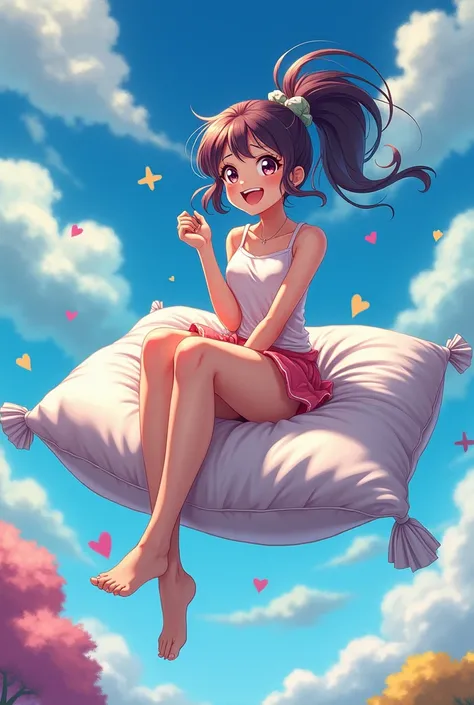 Anime girl riding a pillow and she enjoys it