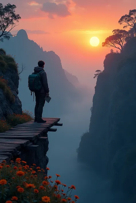 A lonely traveler standing on a cliff at sunset, gazing at the horizon, with a backpack and a map in hand, surrounded by colorful wildflowers, A lonely traveler crossing a rickety wooden bridge over a foggy ravine, with a sense of adventure and trepidation...