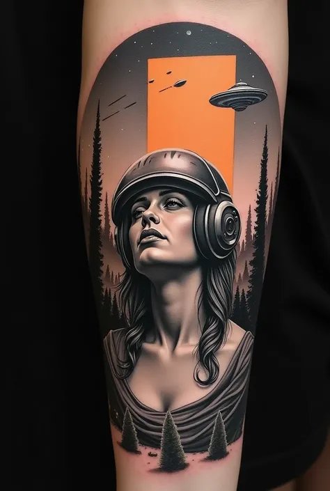  Create a realistic forearm tattoo .  In this image, create a woman in the style of Leonardo da Vinci wearing a helmet and being analyzed by an alien.  Create in black and gray .
 Scribble a huge orange-colored glass rectangle behind them . 
Also draw big ...