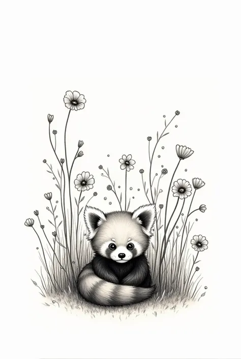  {x} Square canvas drawing in black and white with a thin and delicate line almost like a pen from an old ceramic mug, with details of small flowers with a small red panda inside .  It should give a cottagecore and fairytale feel
Add more details to the , ...